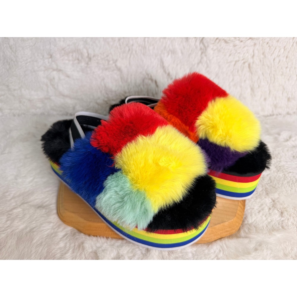 Cape Robbin Pepita Rainbow Faux Fur Platform Slingback Sandals Womens 7M FX7546